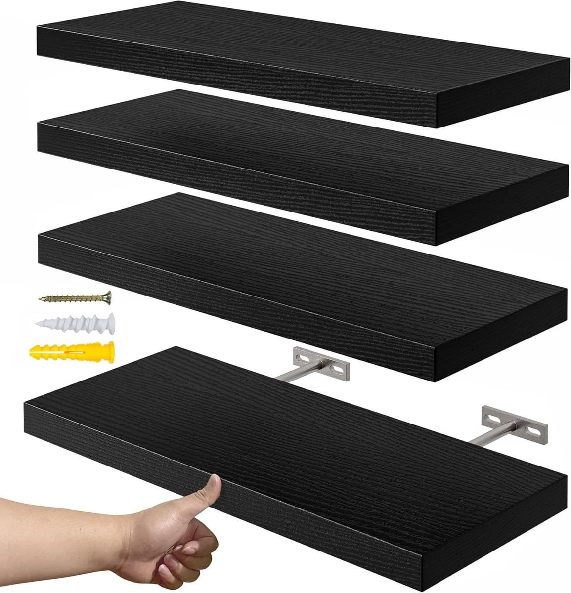 Set van 4 rustieke zwevende wandplanken, zwart, 40 cm