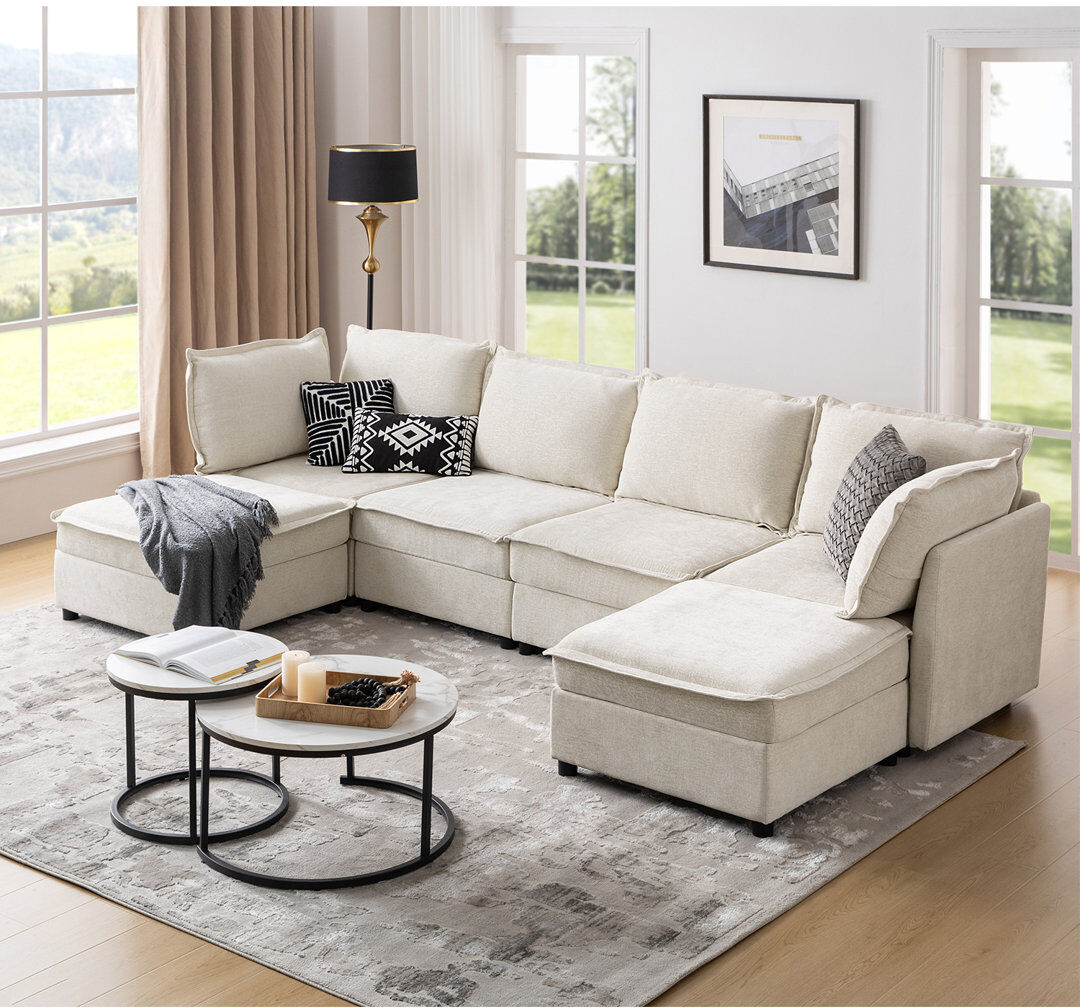Ebern Designs Talani Modern 323cm W 6 Seater Modular Corner Sofas with Hidden Storage Beige 88.9cm H X 246.3cm W X 162.5cm D