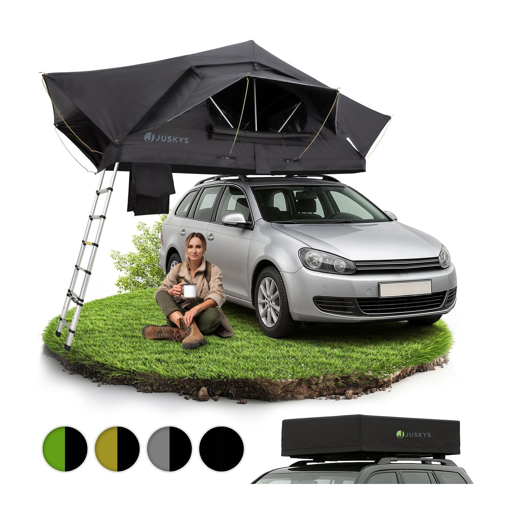 Juskys Autodachzelt Lago 140 x 240 cm - LED-Beleuchtung & Leiter - Schwarz