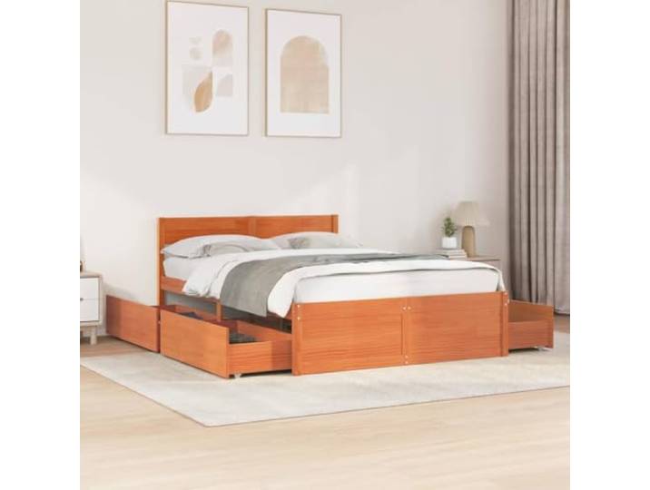 RJPLMFV Bettgestell, Kiefer, massiv, 135 x 190 cm, mit Schubladen Ohne Matratze, Lattenrost inklusive, Kopfteil, integrierter Stauraum, Wachsbraun