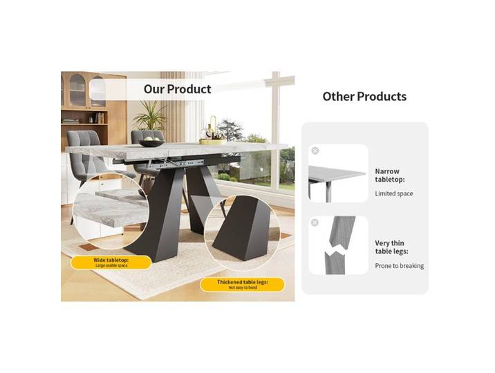 Modenuit Ensemble table à manger extensible 5 pièces 4 chaises effet marbre noir et gris