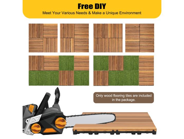 Dalles de sol en bois à emboîtement 12'' x 12'', lot de 36 dalles de terrasse en bois dur à emboîtement