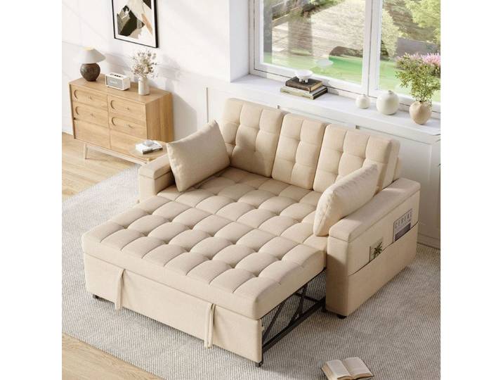 ROVRYN Canape convertible 2 places beige avec rangement dossier reglable 2 coussins