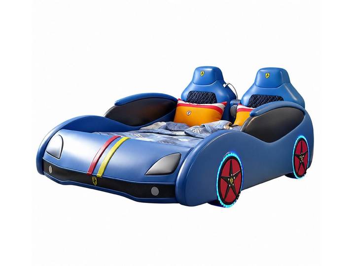 Xlmoebel Autobett Blaues Kinder-Autobett mit LED-Lichtern und Bluetooth-Speaker, Made in Europa