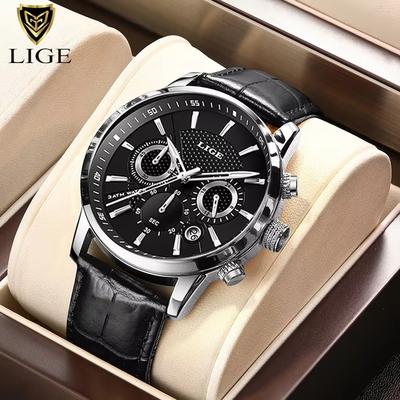 Youfap Market LIGE Luxury Men's Leather Watch Waterproof Quartz Sport Timepiece black Silver