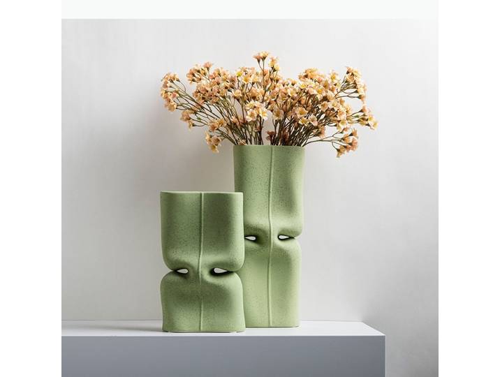 Vase à fleurs plat creux abstrait en céramique verte, Vase à fleurs artisanal, Terrarium, accessoires de décoration pour la maison