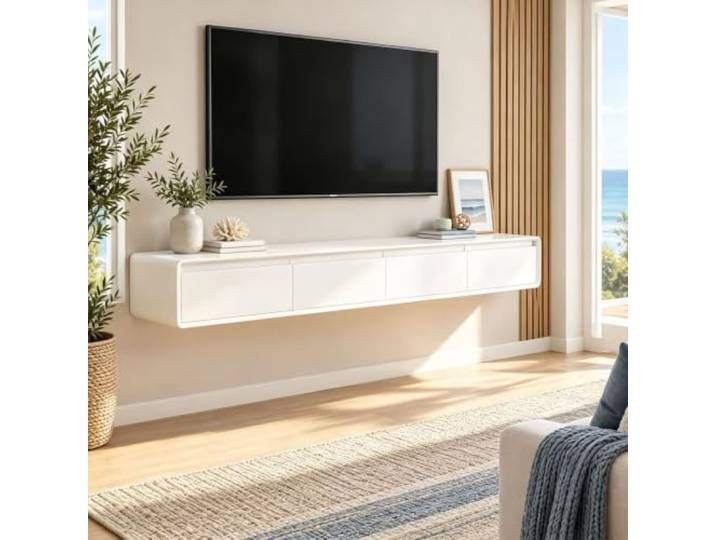 Bhpnak Hängender TV-Schrank aus Holz, Lowboard-TV-Schrank，Weiß：240×24 Massivholz – lässt sich mit einem Wisch reinigen – mit LED-Beleuchtung
