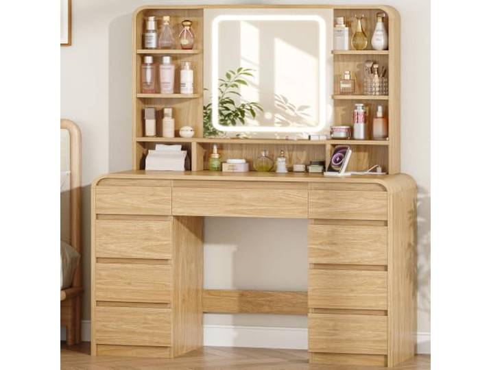 Hzuaneri Schminktisch mit HD Spiegel, Schminktisch mit LED ,Eichenfarben Schminktisch mit Stauraum, 9 Schubladen und Offenen Fächern, Elegantes, Geschwungenes Design DT45333XEU