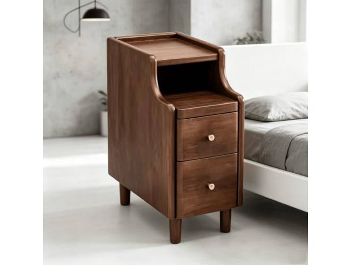 Massivholz Nachttisch Schmal, Nachtkonsole mit Ablagefach 2 Schubladen Massivholz Nachttisch mit 2 Schubladen auf Metallschienen und offenem Regalfach.(Walnut,11.81in)