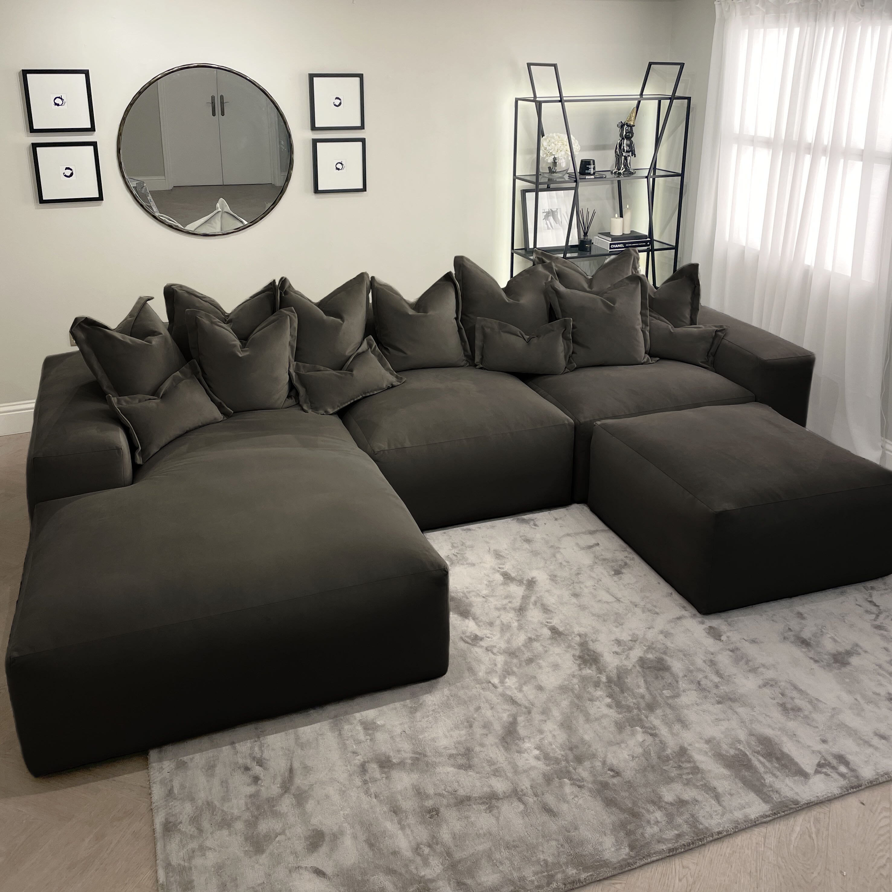 Lenox Shadow Grey Velvet Pillow Back Modular Sofa Range, Left Hand Facing Modular Chaise Unit / Left Hand Facing Modular Chaise Unit