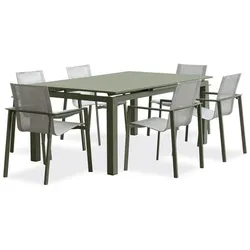 DCB Garden, Gartentisch + Balkontisch, Gartentisch-Set mit 6 Sesseln – Khaki – Miami – Stapelbare Sessel