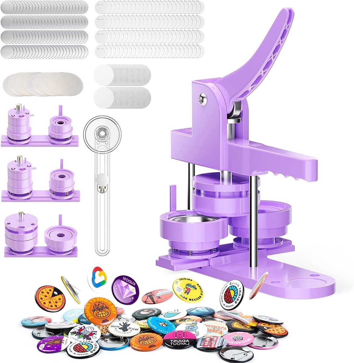 Knop Maker Machine Badge Pers met Zijdelingse Glijdende Beugel, 3 Maten, 300 Stuks, Paars