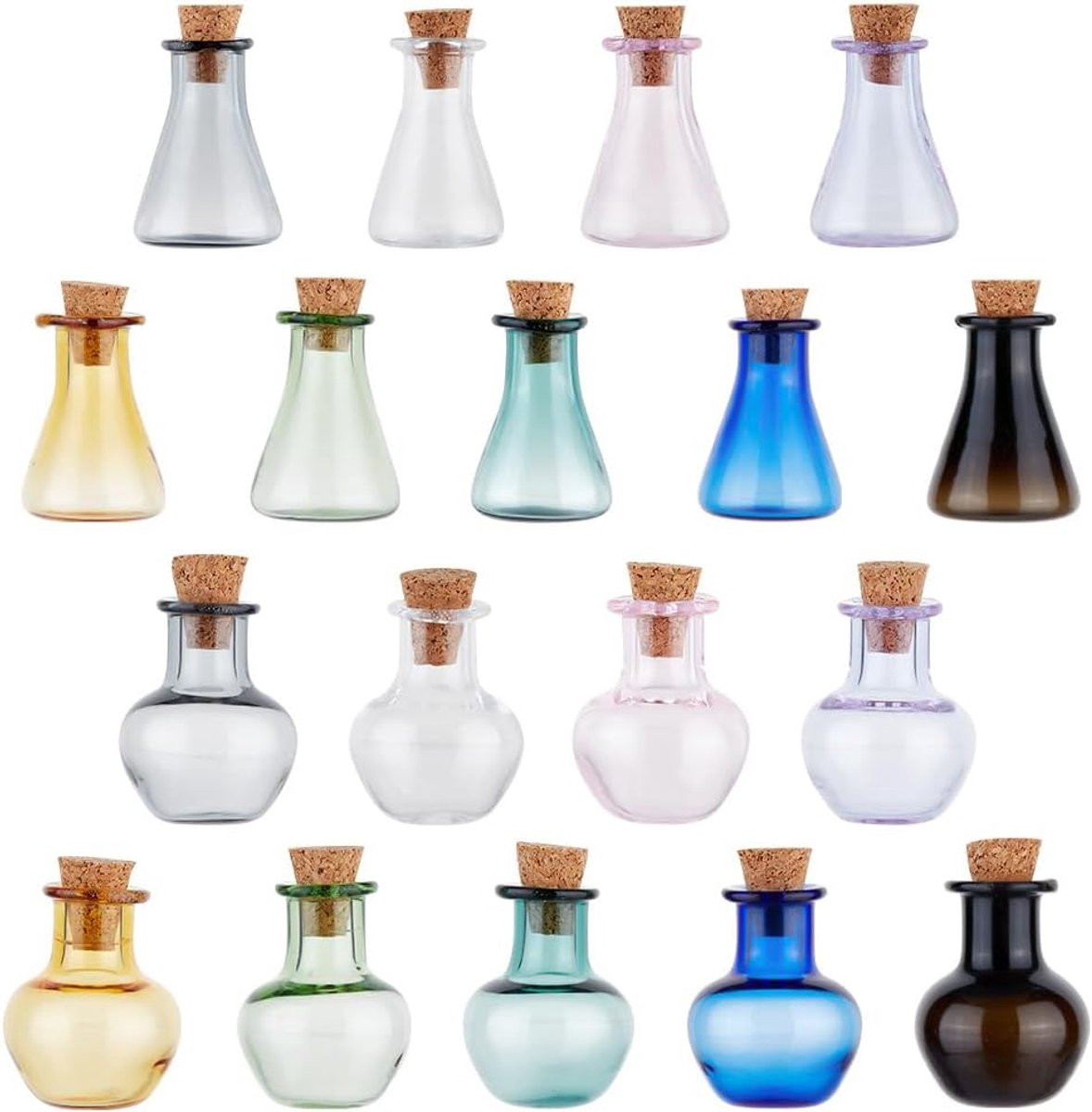 Set van 18 gekleurde mini glazen wensflesjes met kurk voor decoratie en DIY knutselen