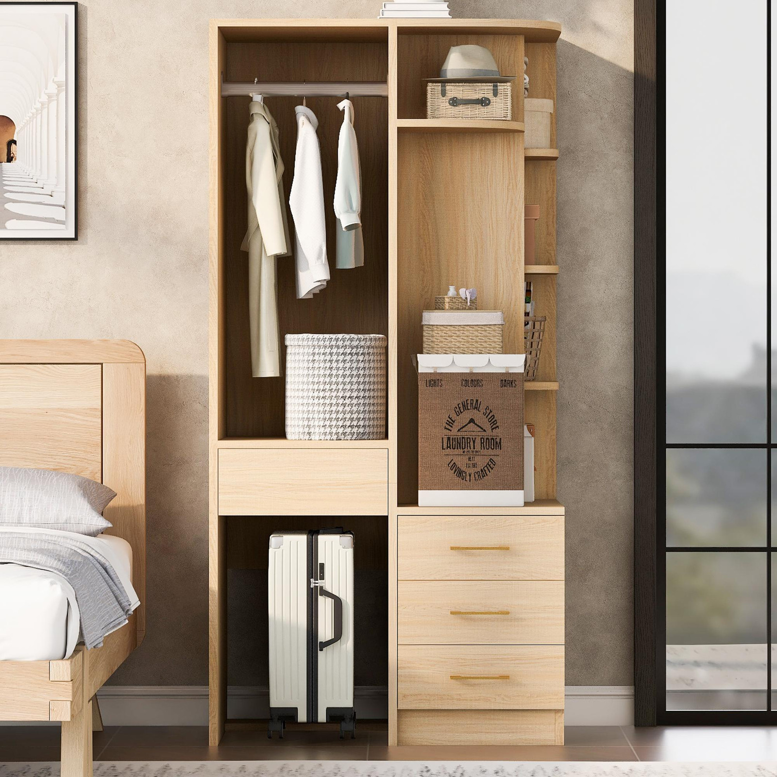 Okwish multifunctionele garderobekast met kledingroede, lades en deuren voor de slaapkamer of woonkamer