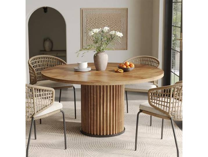 LITTLE TREE 120 cm runder Esstisch für 4–6 Personen, großer brauner Esstische, Landhaus-Esstisch mit massivem gerilltem Säulenfuß, runder Holzküchentisch für Esszimmer und Wohnzimmer