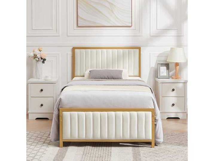 VECELO Bettgestell 90x200 cm, Einzelbett mit gepolstertem Leinen-Kopf- und Fußteil, Metalllattenrost, 32 cm Bodenfreiheit, geräuscharmes Design, ohne Boxspring nutzbar, Beige
