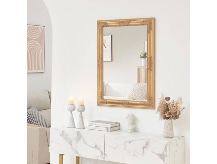 [en.casa] Wandspiegel Punkalaidun Badspiegel Badezimmerspiegel 80 x 60 cm Vintage Spiegel im Barockstil horizontal vertikal für Badezimmer Flur Wohnzimmer rechteckig Goldfarben