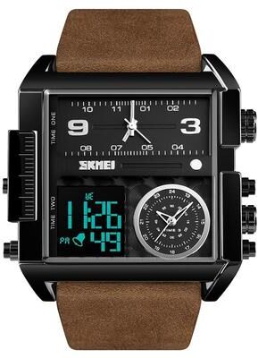 Inspired Deals Men Multifunctional Digital Watch With Leather Strap And Waterproof Square Dial black+coffee