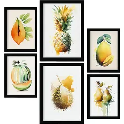 POSTER Set Mit 6 Tropische Früchte Plakate Von Obst Gemüse & Gesunden Lebensmitteln Im Aquarell Kunst Auf Reinweißen A3 & A4 Schwarzer Rahmen