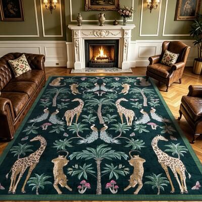 Garvee Jungle Animal Botanical Printed Foldable Washable Area Rug, Soft Faux Cashmere Floor Mat