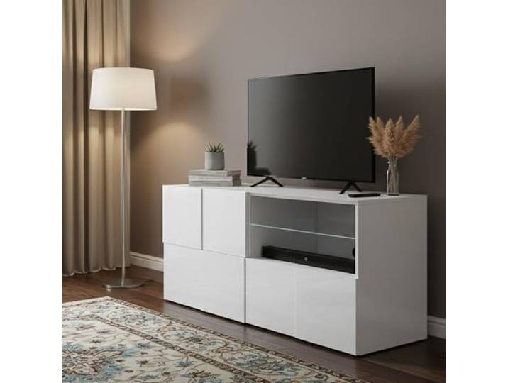 Dmora - Fernsehschrank Trasimeno, TV-Ständer für das Wohnzimmer, Niedriges Sideboard, TV-Ständer, Made in Italy, 122x43 h57 cm, Glänzendes Weiß