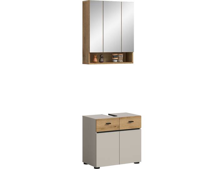 Badmöbel-Set WELLTIME VANN, 2-teilige moderne Badkombination , kaschmir, evoke oak nachbildung, schwarz, B:60cm H:191cm T:35cm, Holzwerkstoff, Kastenmöbel-Sets, Badmöbel-Set, Bad-Kombination, Bad-Möbel, Badezimmer, Kombination, Kombi, Bad-Set