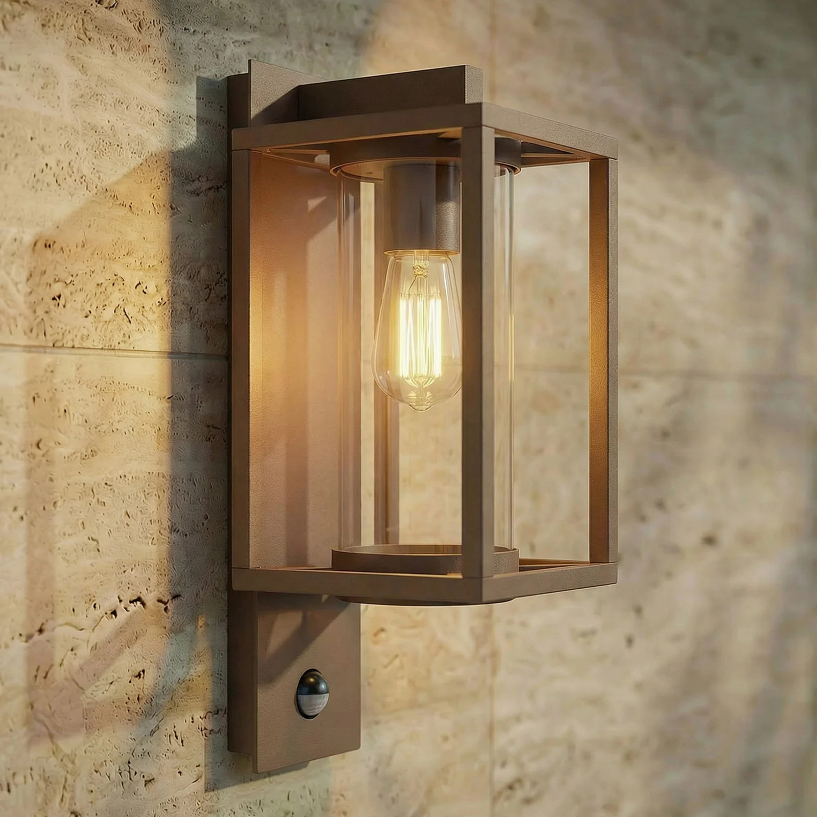 Lucande Ferda moderne buitenwandlamp bruin met bewegingssensor en dimfunctie, IP44