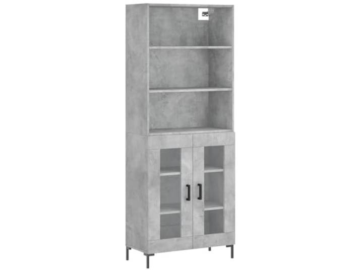 Fisinber Highboard Betongrau 69,5x34x180 cm Holzwerkstoff Schrank Eleganter Viertürer mit Glaselementen und stabilen Metallfüßen für strukturierte Aufbewahrung im Wohnzimmer.