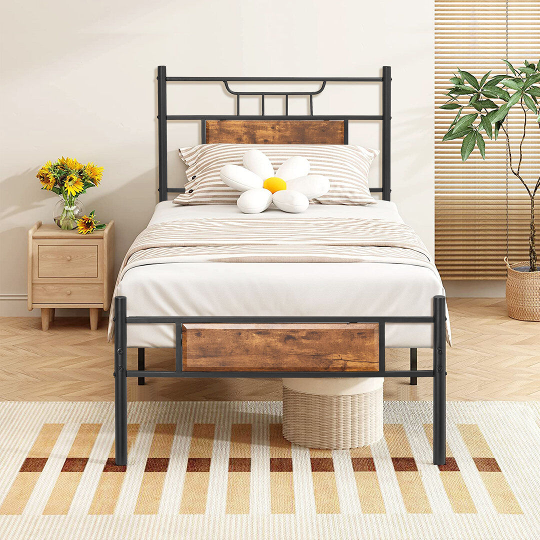 Rio Metal Platform Beds Single Double Size with Wooden Headboard and Footboard, Rustic Vintage Bed Frame with Strong Steel Slats, No Box Spring Needed Rustic Brown Single (3')