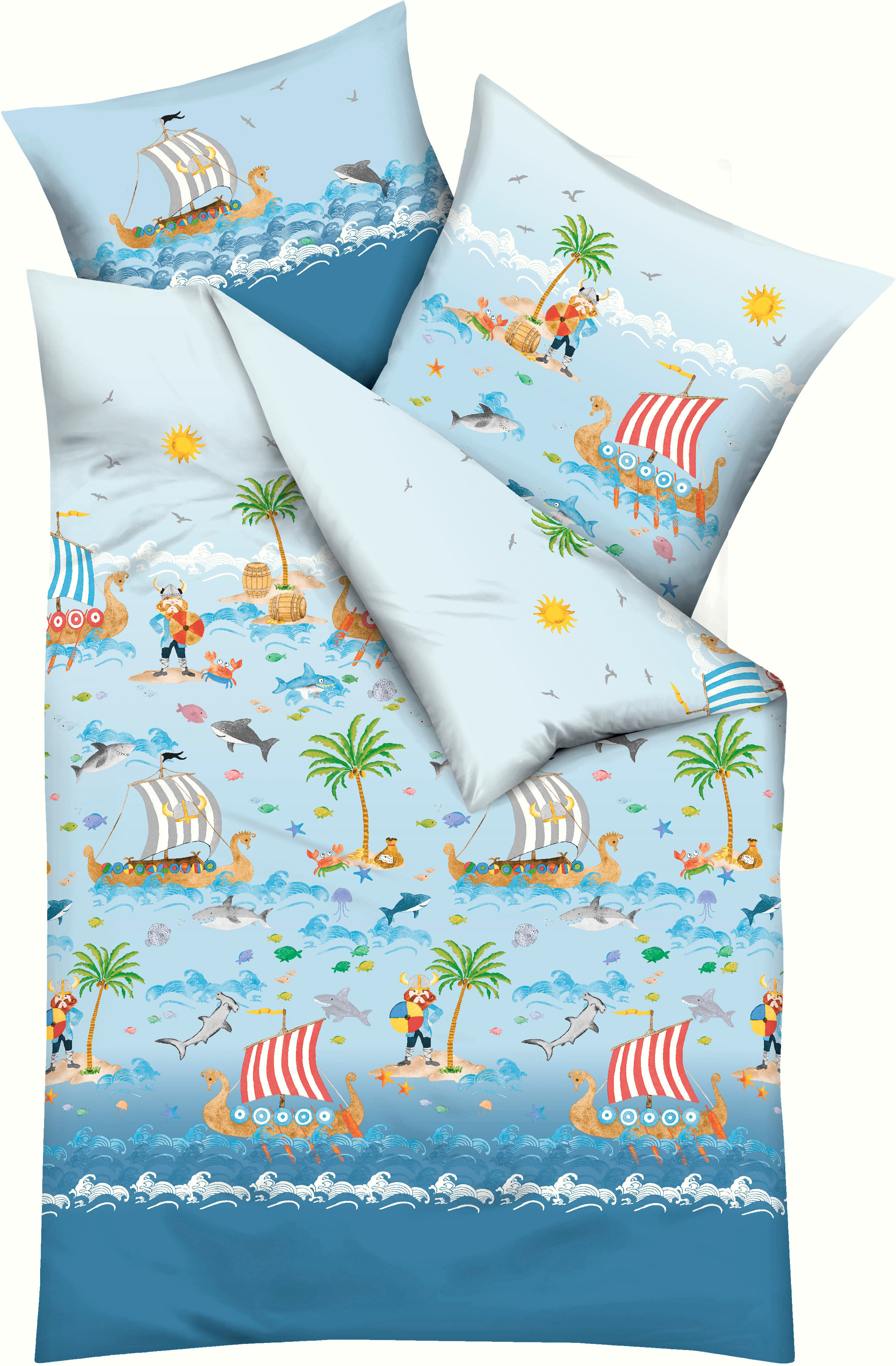 Kinderbettwäsche KAEPPEL "Wikinger", blau, B/L: 135cm x 200cm, 1 Stk., 1 Stk., Feinbiber, B/L: 80cm x 80cm, 2 Stk., Feinbiber, Obermaterial: 100% Baumwolle, Bettwäsche, Kinderbettwäsche, angenehm wärmend blau B/L: 135cm x 200cm, 1 Stk., 1 Stk., Feinbiber,