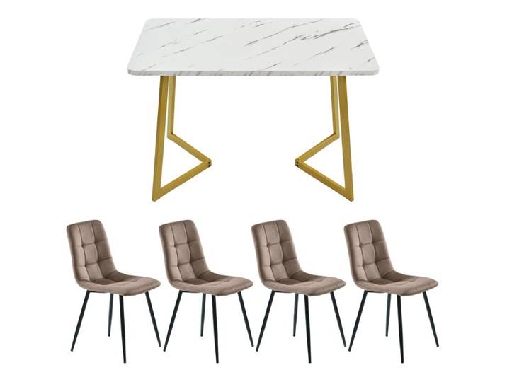 Table à manger 117x68 cm avec 4 chaises en velours brun pieds dorés