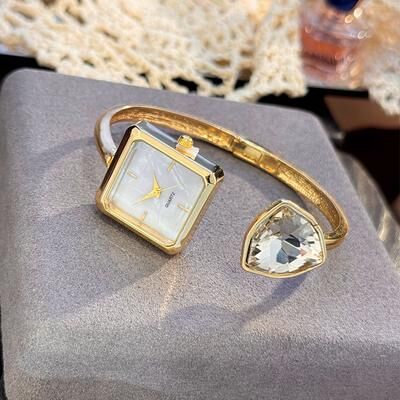 Youfap Market High End Quartz Wristwatch, New Ladies Open Bracelet Watch, Assorted Shaped Diamond Color Gemstone Timepiece ivory