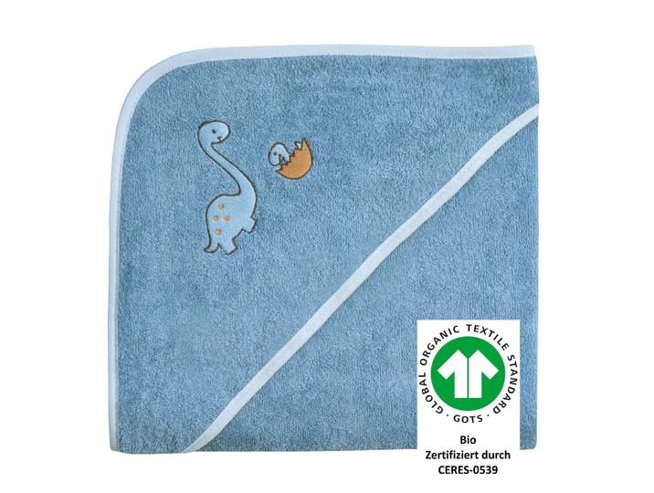 Kapuzenhandtuch WÖRNER Dinofamilie , blau (stahlblau), B:100cm L:100cm, Frottee, Frottee, Handtücher, Kapuzenhandtuch, Biobaumwolle, mit Kapuze, maschinenwaschbar, trocknergeeignet