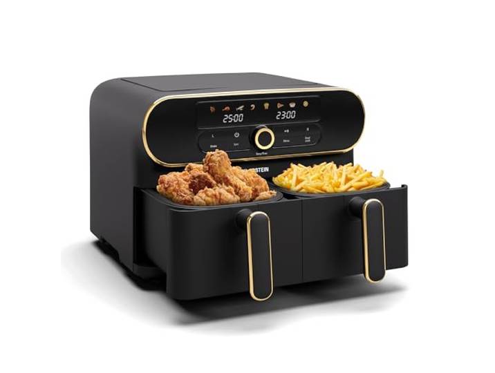 Klarstein AuraAir Color Touch Dual Heißluftfritteuse – 10L Dual-Kammer Airfryer, 1700 W, 8 Programme, Touchscreen, Weniger Fett, Antihaft, Überhitzungsschutz, Automatische Abschaltung, Schwarz/Gold