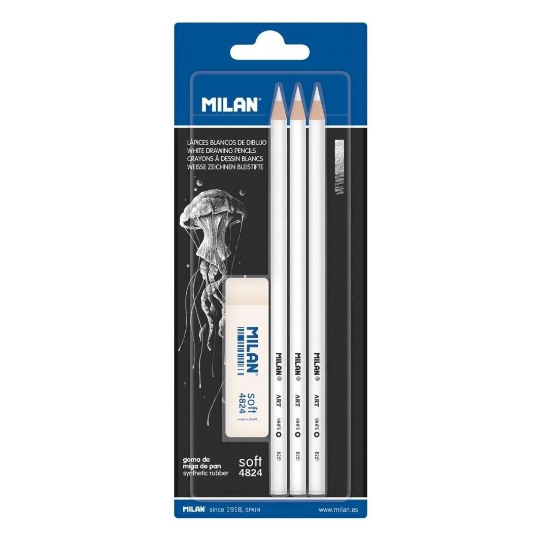 Milan Weisser Kohlestift, 3 Stück + Radiergummi (4 mm, 3x) (48601730)