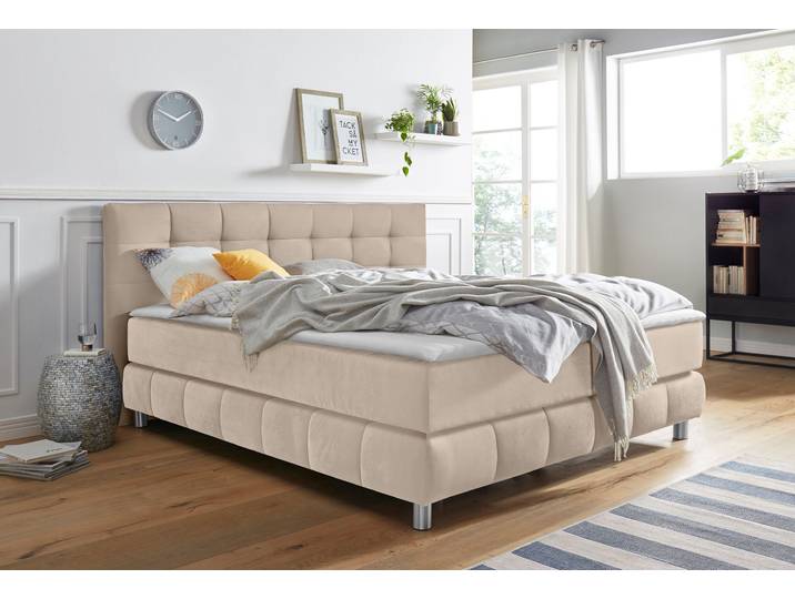 Boxspringbett, Samtoptik, Beige, 194×231 cm, 7-Zonen-Kaltschaummatratze, Skandinavisch, andas