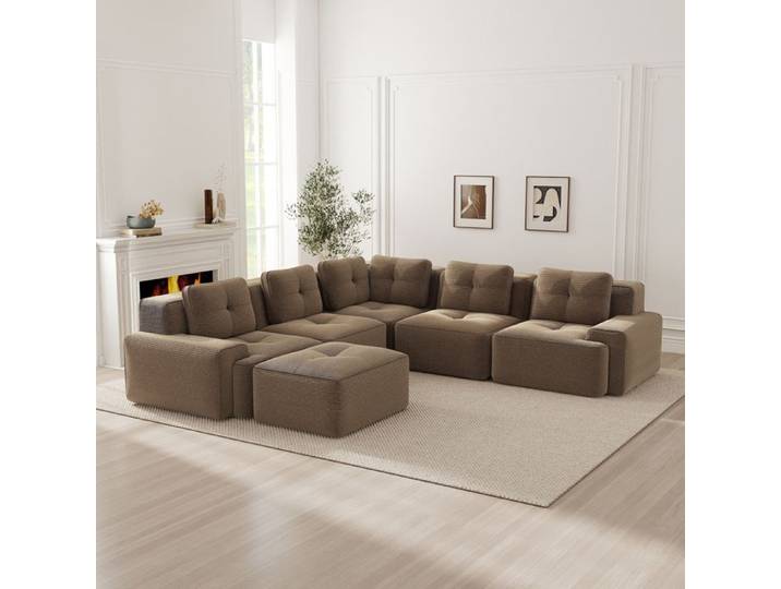 Canapé modulaire moderne 6 places velours côtelé canapé d'angle en U avec pouf assemblage libre sans assemblage 295 cm marron