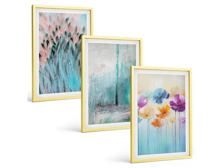 Tulup Bilder SET 3er Set - 40x60 cm Goldrahmen - Hintergrundmuster mit Pastellblumen, Goldfarben, Kunststoff, Rechteckig, 40x60 cm, einfache und schnelle Anbringung, Bilder & Rahmen, Bilder