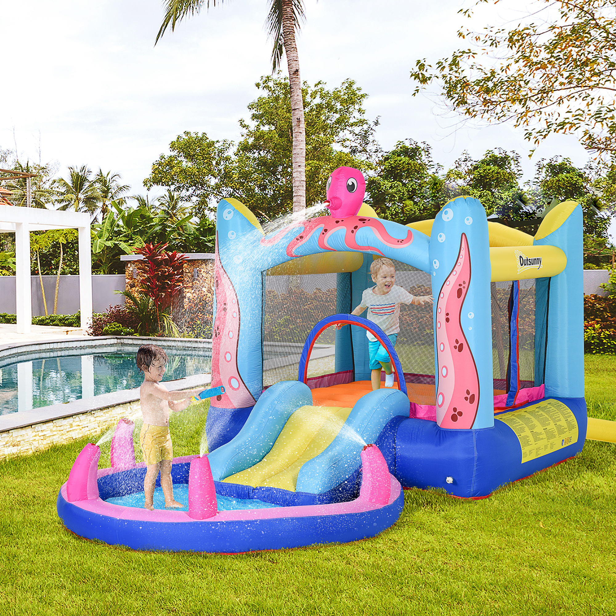 Outsunny Castello Gonfiabile Gigante e Rimbalzante per Bambini 3-8 Anni con Scivolo, Piscina e Gonfiatore 3.6x1.75x1.8m