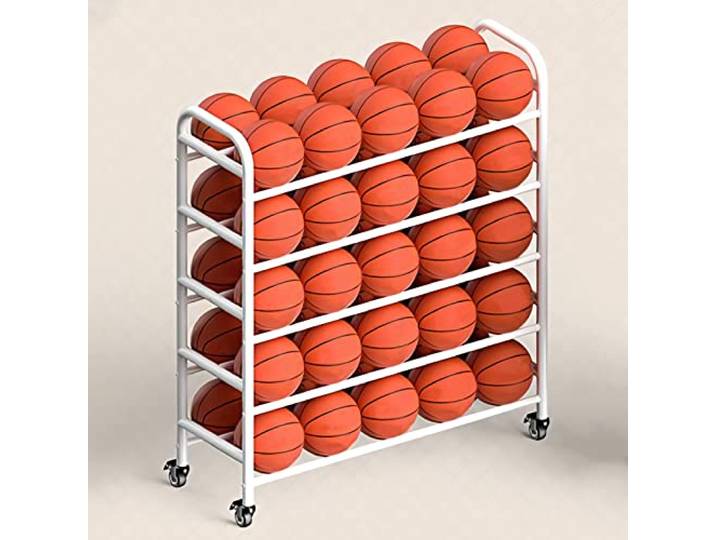 whalebee Basketball Ballregal 4 Ebenen 5 Ebenen Ball Aufbewahrung Regal Schwarz Weiß Standing Rack Mit Rädern, Großes Fassungsvermögen Länge 123cm 140cm Für Sporthallen, Schulen Und Sportsclubs