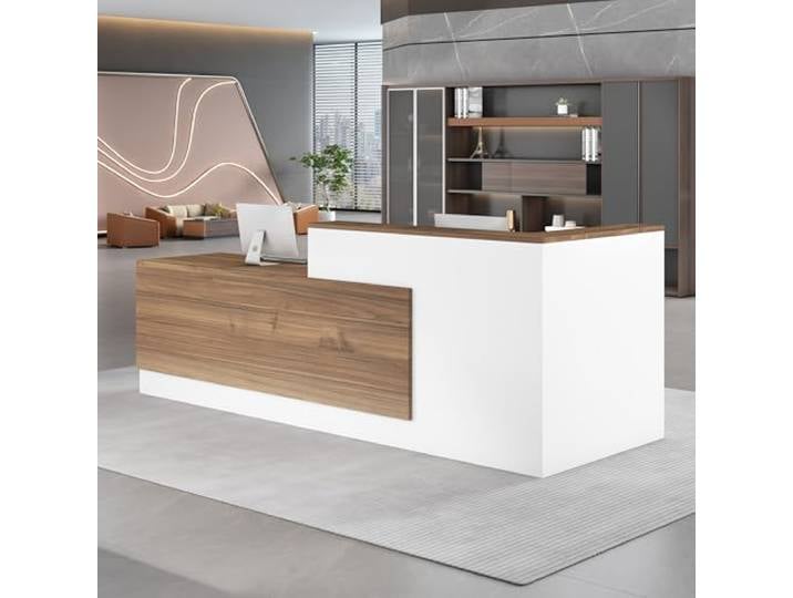 UKETO Moderne Empfangstheke aus Holz - L-Form Empfangstresen für Büros multifunktionaler Empfangstisch mit großzügigem Stauraum Geeignet für Büros Rezeptionen Hotels (Links hoch-B, 160CM)