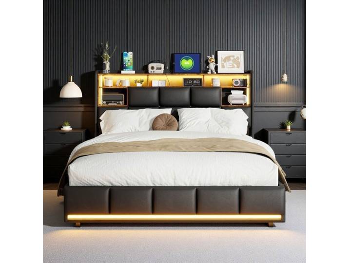 Lit 140x190cm - Lit Coffre 140x190 - Tête de Lit Rangement LED，USB - litcoffre 140x190 coffre - sommier -Moderne-en Similicuir Noir