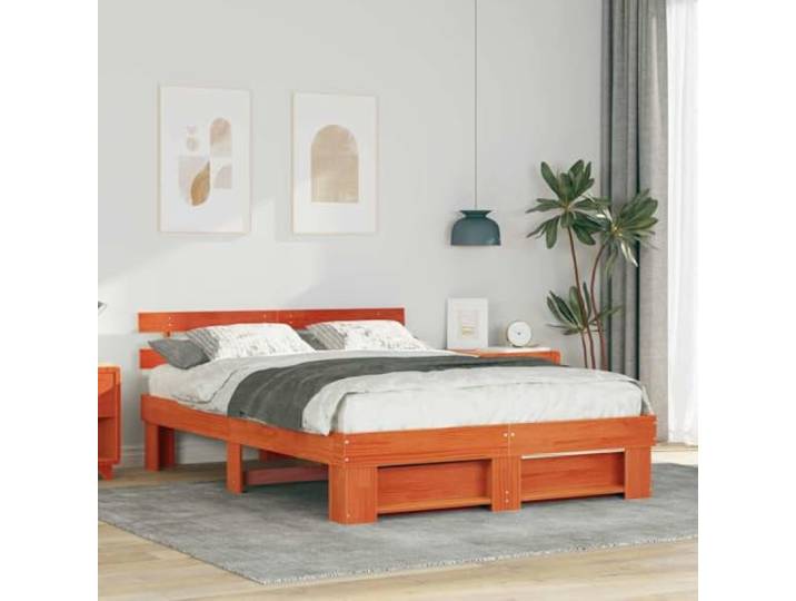 Bettrahmen Wachsbraun 140 x 200 cm Massives Kiefernholz Mit Kopfteil, Plattform-Lattenrost, Stabil, Einfacher Aufbau, Pflegeleicht