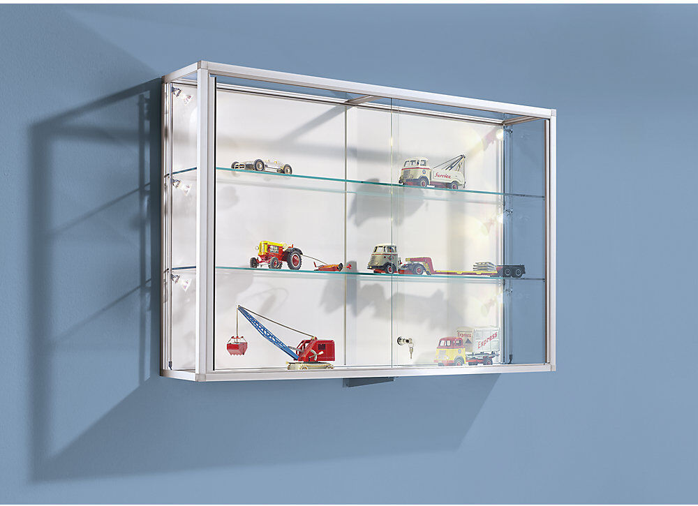 kaiserkraft Wandvitrine, Aluminiumrahmen, silber eloxiert, 2 Glasfachböden, Breite 1520 mm