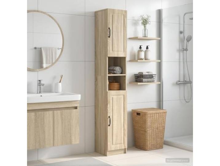 Badezimmerschrank mit Offenem Regal UTRECHT Sonoma-Eiche, Holzwerkstoff, Platzsparendes Design, feuchtigkeitsbeständig, viel Stauraum, umkehrbare Tür, einfache Reinigung, moderne Optik