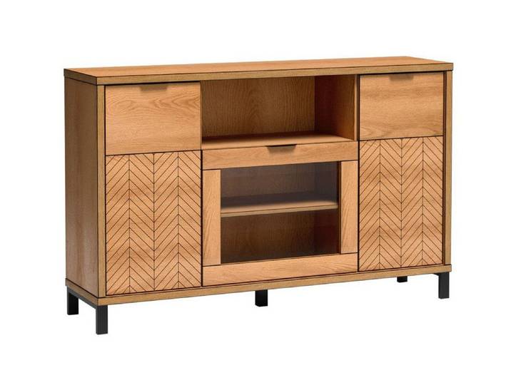 Beautysofa Kommode FUN F-4 mit Vitrine, 3 Türen und Regal, Fischgrätfront & Metallfüße optional