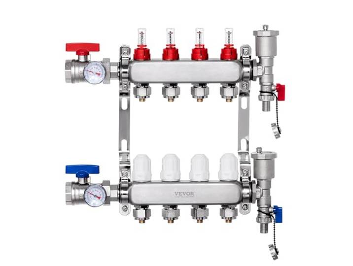 VEVOR Collecteur de Chauffage Radiant 4 Branches\, Kit Collecteur Tubes PEX 1\,27 cm en Acier Inoxydable\, avec Adaptateurs 1\,27 cm\, Accessoires de Montage\, pour Chaleur Radiante Hydronique par le Sol