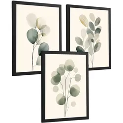 POSTER 3er Bilder-Set Wandbilder Pflanzen Minimalistisch modern Wohnzimmer Deko, Schlafzimmer, Küche, Badezimmer Schwarzer Rahmen A4