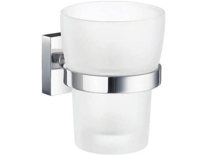 Zahnputzbecher, Chromfarben, Metall, Glas, 7.5x9.8x9.3 cm, Wandbefestigung möglich, inkl. Befestigungsmaterial, Badaccessoires, Badaccessoires-Serien
