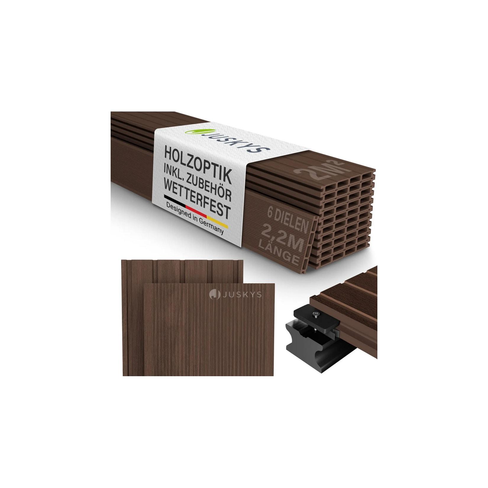 Juskys WPC Terrassendielen 2 m² – 220 cm Dielen, wetterfest inkl. Unterkonstruktion – Braun